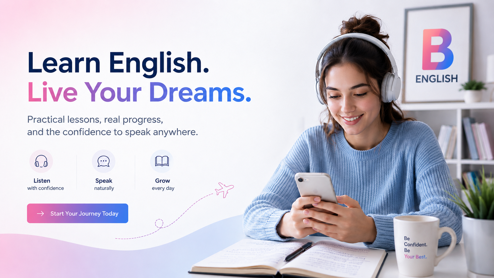 Estudante aprendendo inglês online com a B English