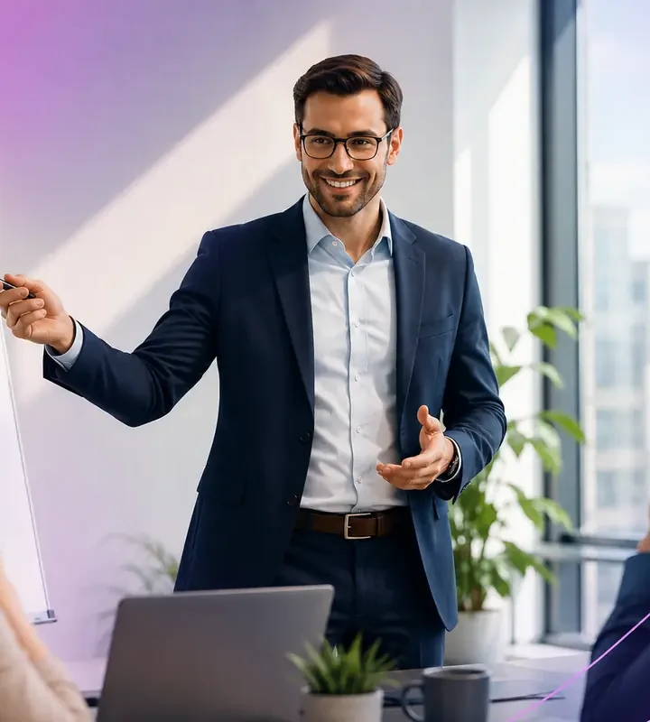 Profissional conduzindo apresentação em inglês para a equipe