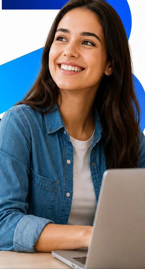 Adulta sorrindo durante aula de inglês online da B English