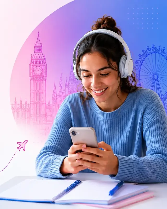 Adolescente estudando inglês online com fones de ouvido