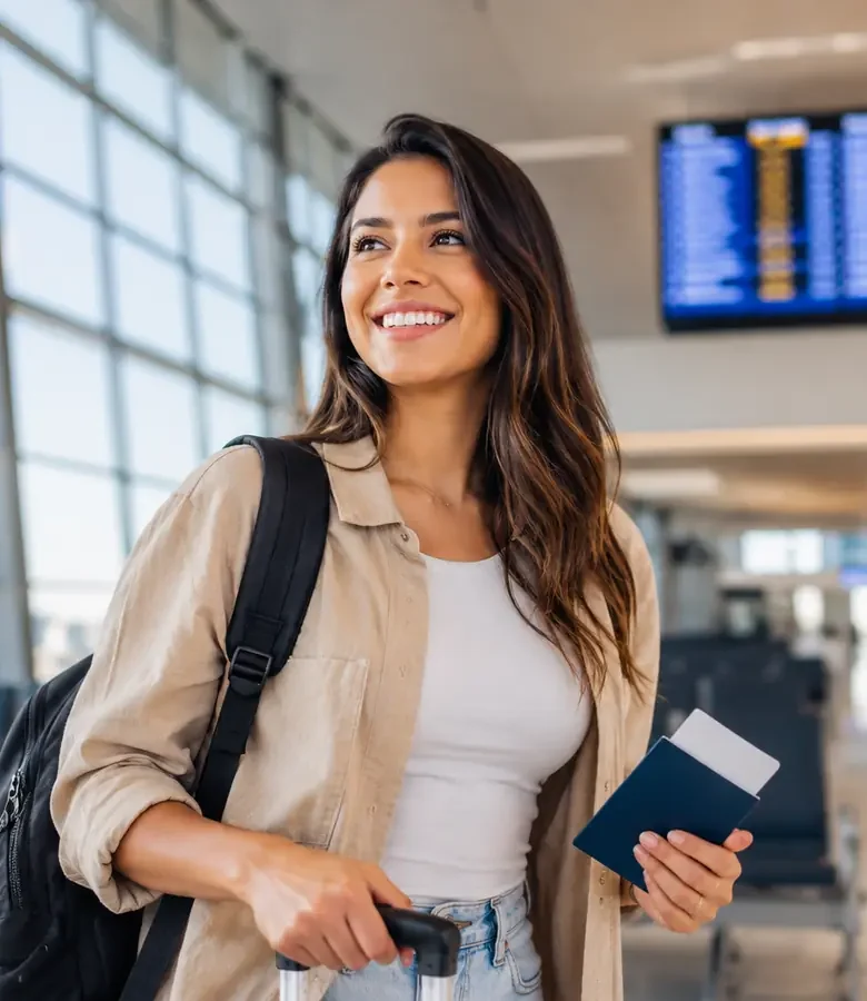 Viajante brasileira com passaporte no aeroporto internacional
