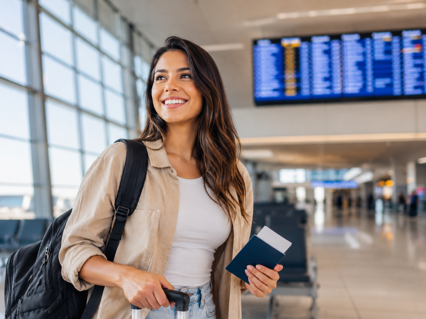 Viajante em aeroporto internacional segurando passaporte