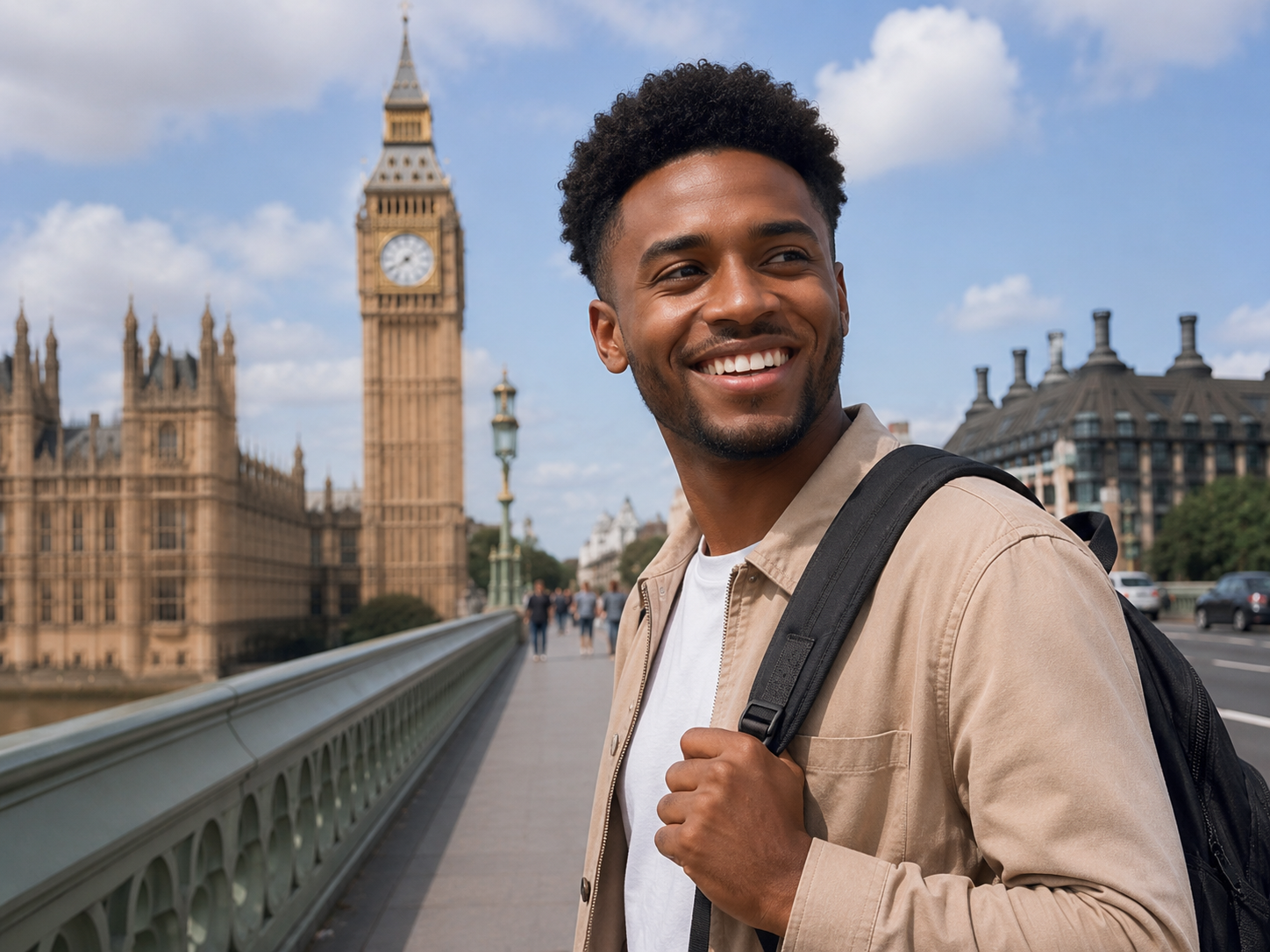 Viajante sorrindo em Londres com Big Ben ao fundo